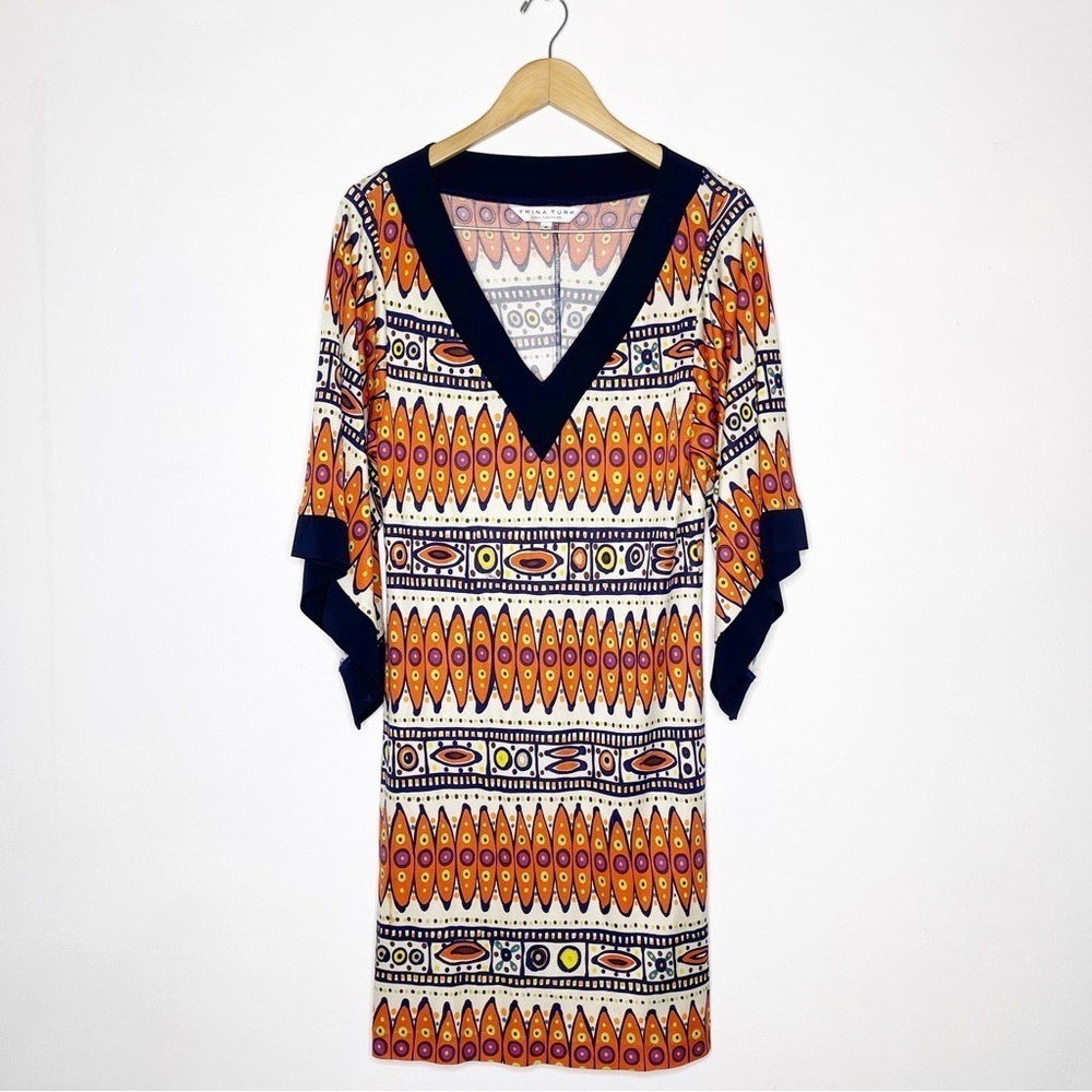 Trina Turk Boho Tribal Wide Sleeve 100% Silk Dress Size 8